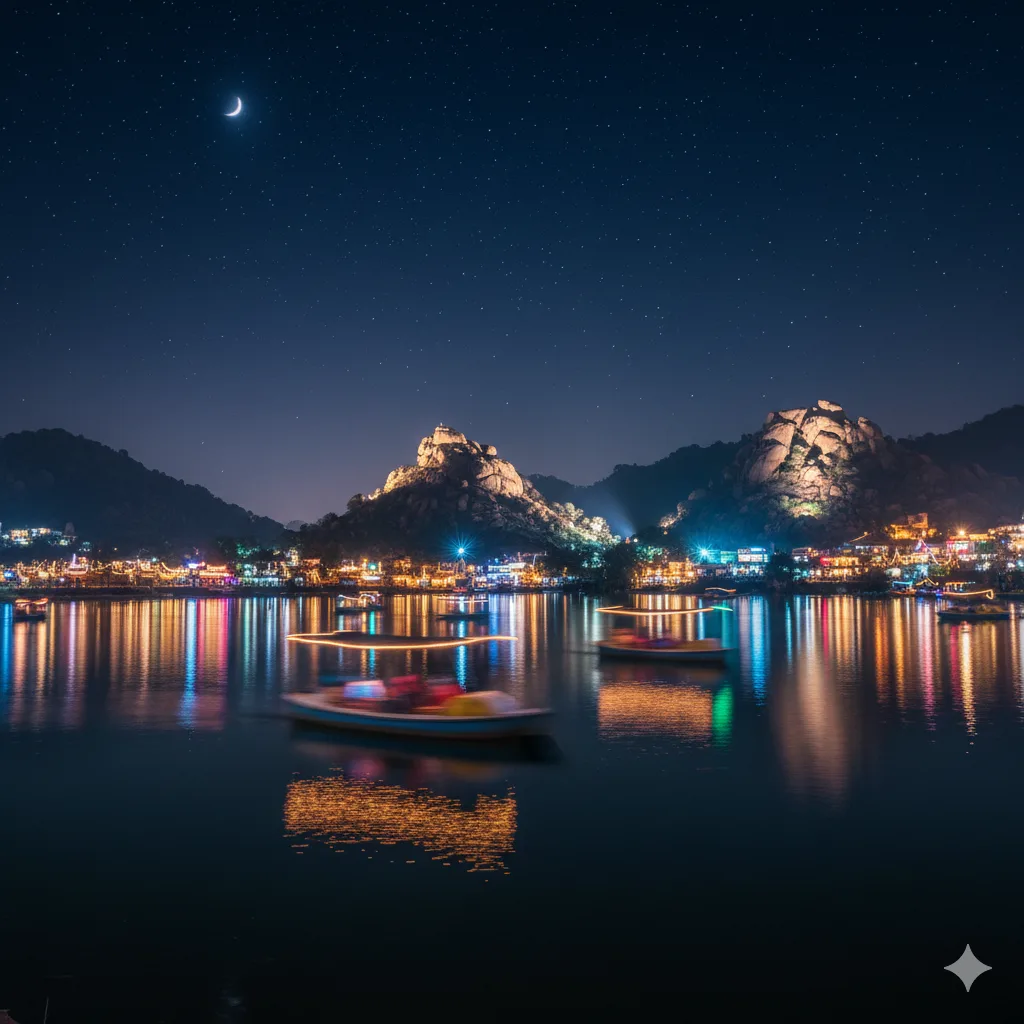 AI-generated night view of Nakki Lake Mount Abu with glowing lights and boat reflections.