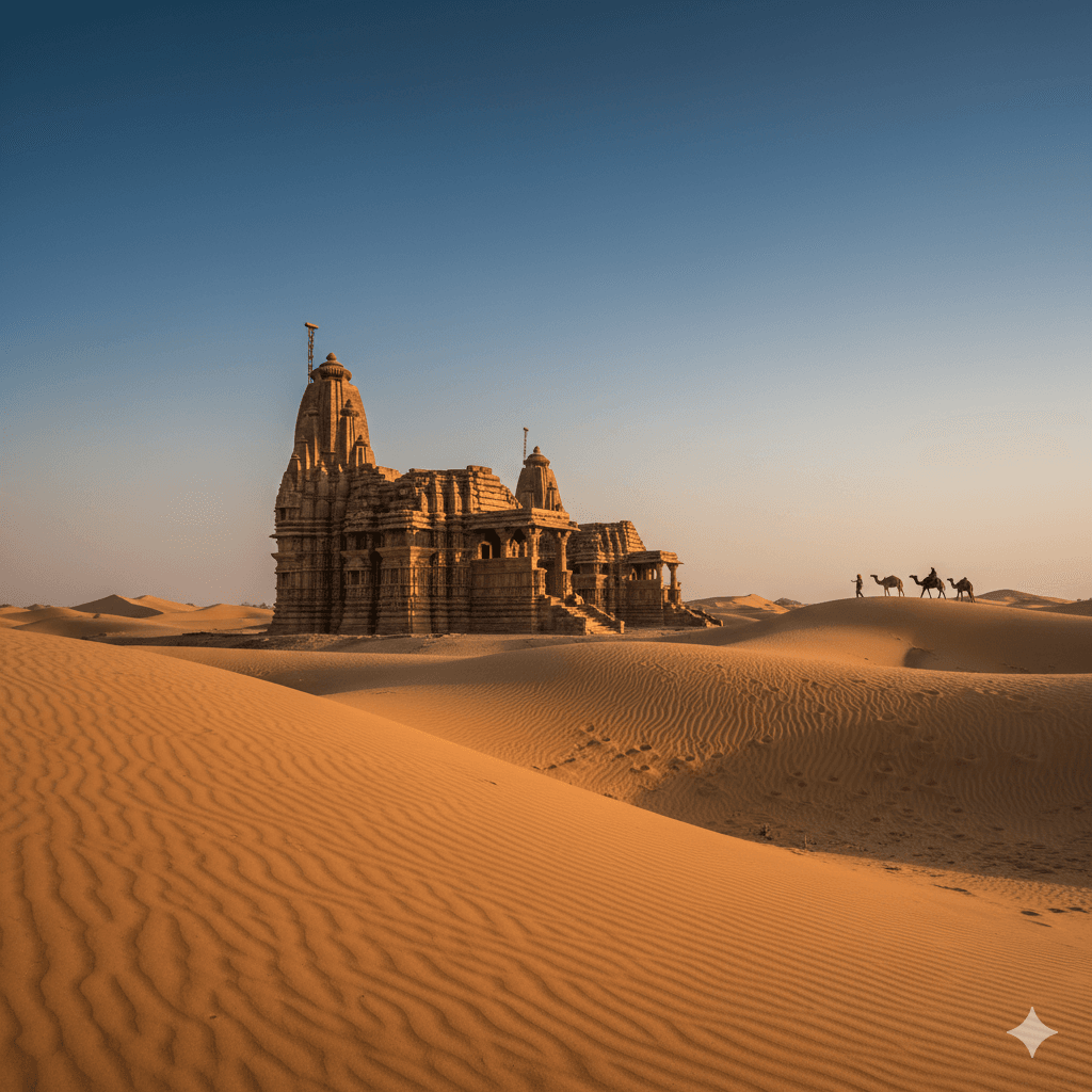 AI-generated landscape of the ancient Osian temples in the Thar Desert near Jodhpur. Flying Fox Jodhpur