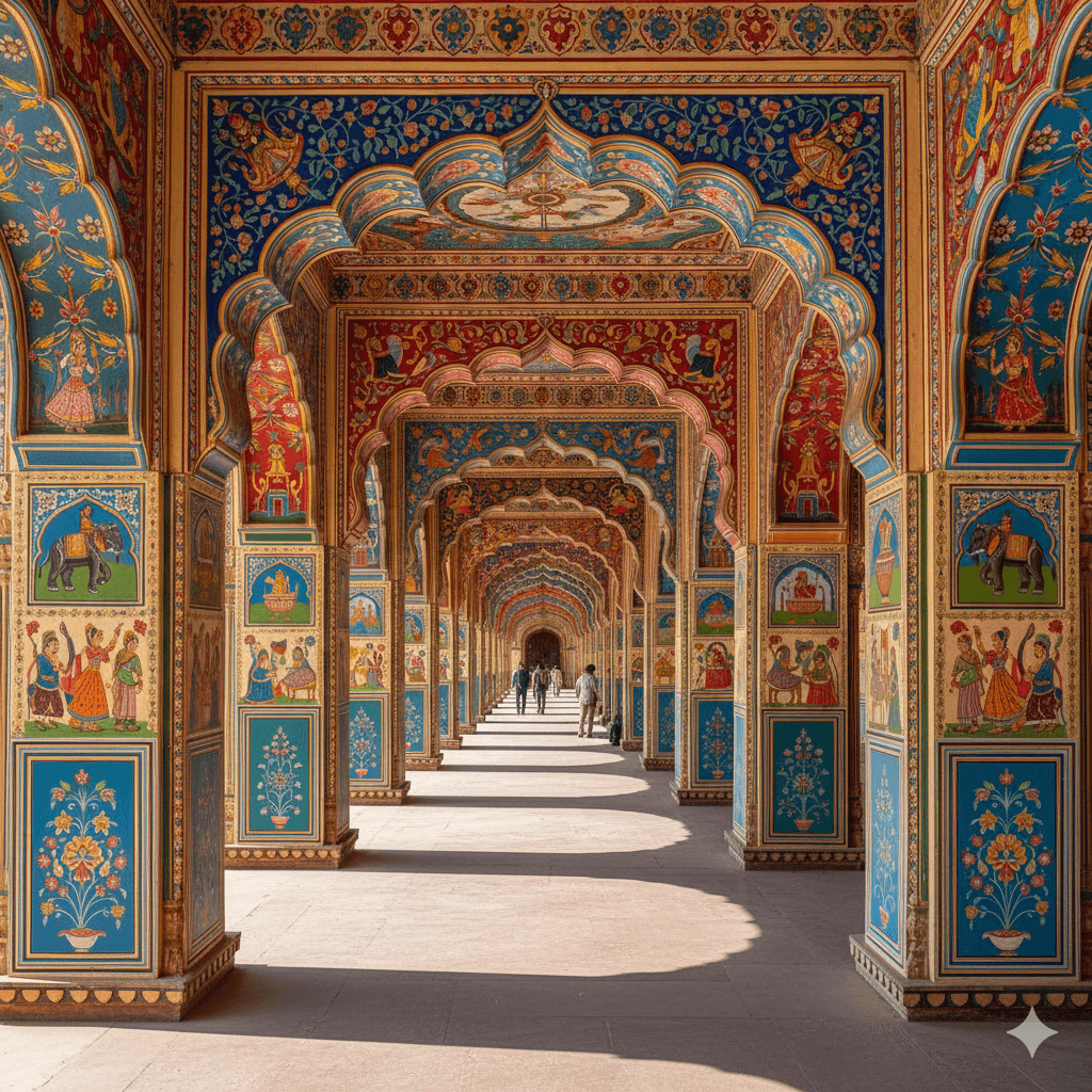 AI generated image of the colorful, symmetrical Patrika Gate in Jaipur, a top architectural spot.