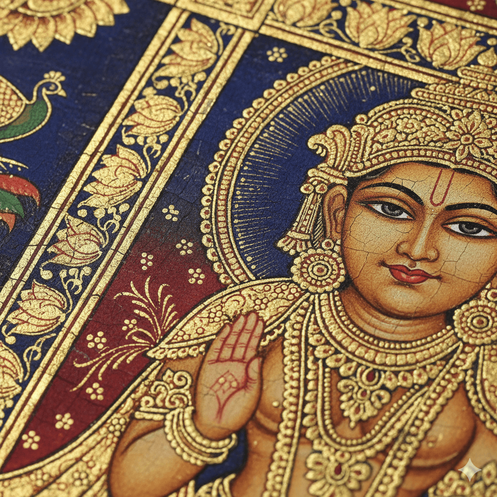 AI generated image of traditional Pichwai art from Nathdwara showing intricate hand-painted details.