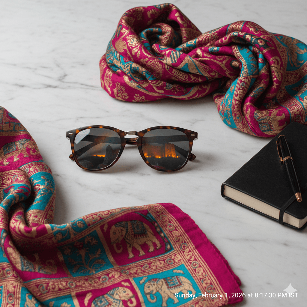 AI generated image of travel essentials including sunglasses and a cotton scarf on white marble.