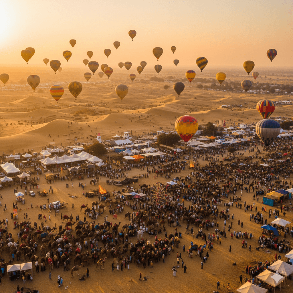 AI-generated image: Epic scene of the 2026 Pushkar Camel Fair with hot air balloons drifting over the desert festival.
