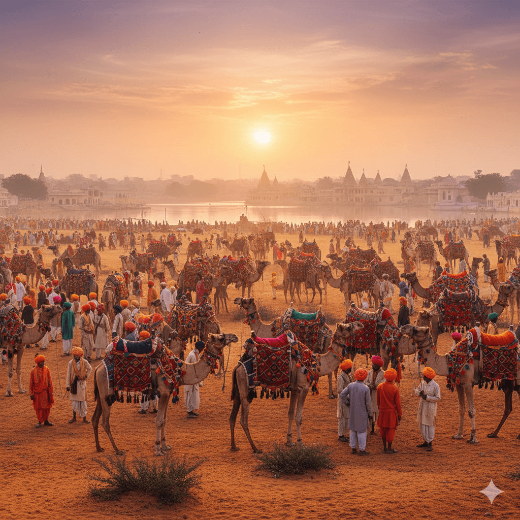 AI generated image: A vibrant scene from the Pushkar Camel Fair with decorated camels and locals in traditional attire