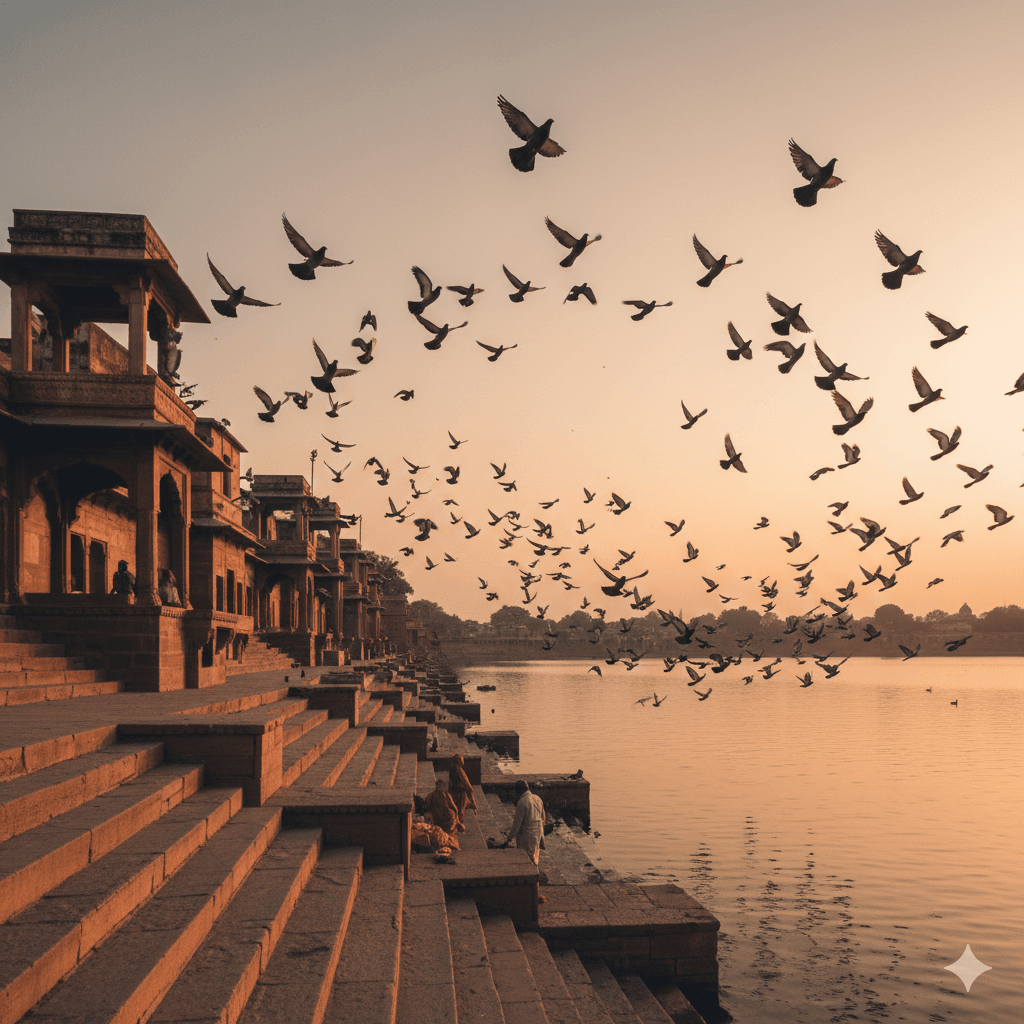 AI generated image of the holy Pushkar Lake ghats, a top destination in a Rajasthan budget itinerary.