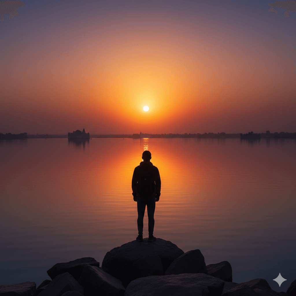 AI generated image of a sunset over Rajsamand Lake, symbolizing a successful budget trip. Rajasthan budget itinerary