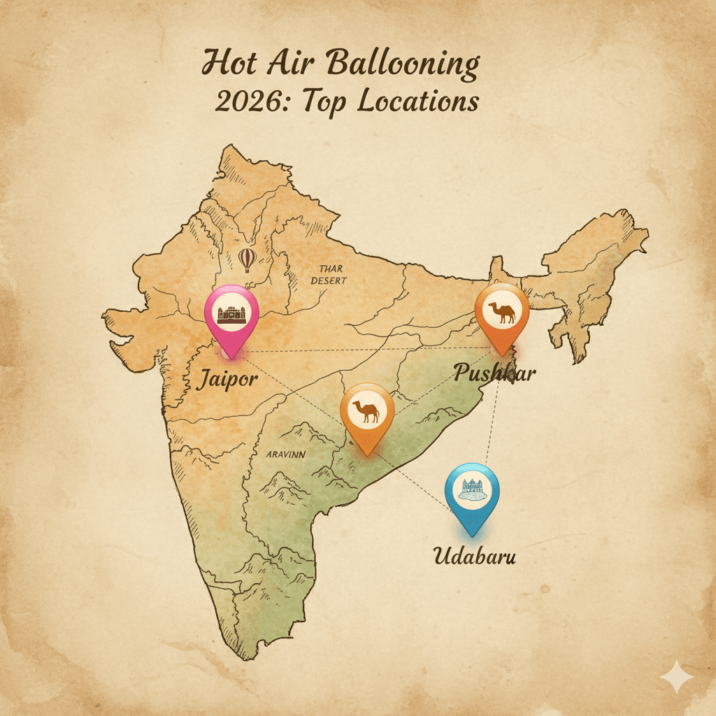 AI-generated image: Travel infographic map showing top locations for hot air ballooning Rajasthan 2026.