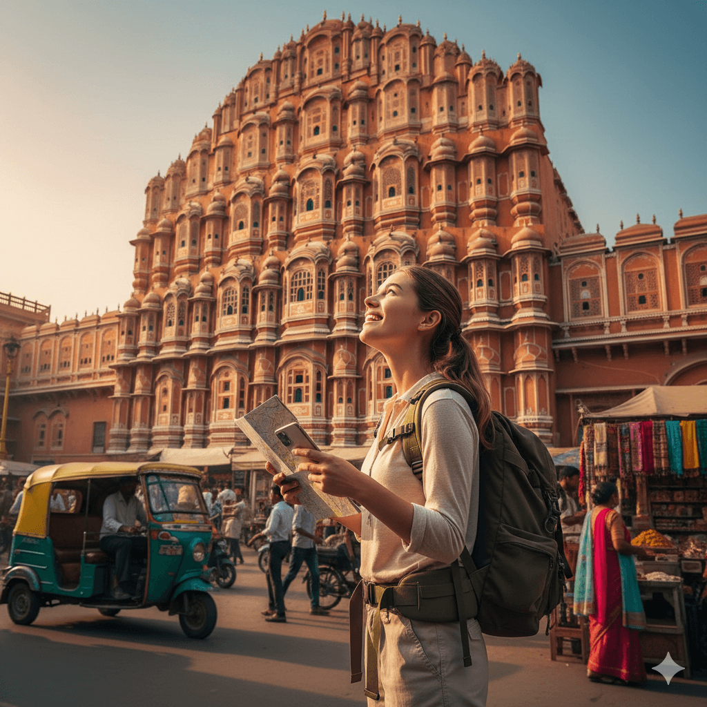 AI generated image of a budget backpacker exploring the colorful streets of Jaipur, Rajasthan.