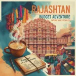 AI generated image: A cinematic wide shot of Jaipur&rsquo;s Hawa Mahal with a focus on a steaming cup of tea in the foreground, representing budget travel in Rajasthan
