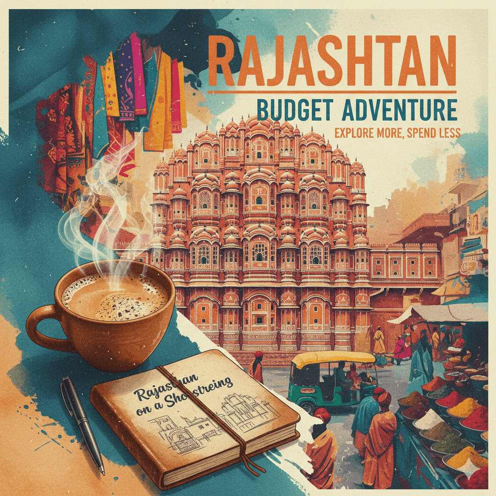 AI generated image: A cinematic wide shot of Jaipur’s Hawa Mahal with a focus on a steaming cup of tea in the foreground, representing budget travel in Rajasthan