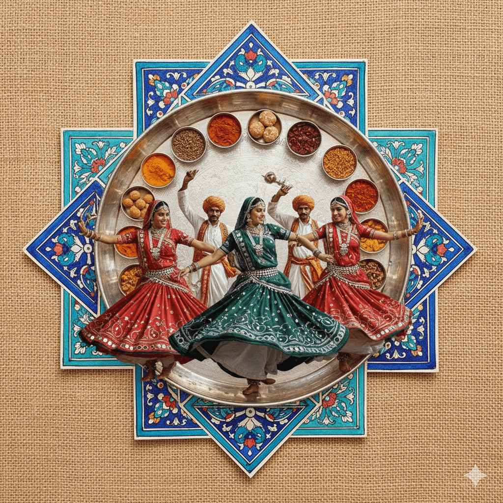 AI-generated collage featuring Rajasthani folk dancers, a silver thali, and blue pottery tiles. Rajasthan bus booking 2026