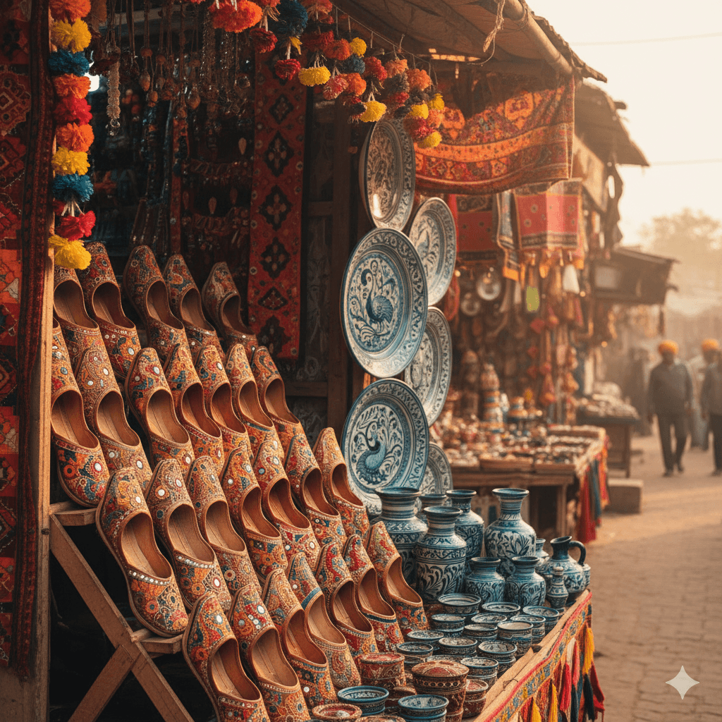 AI generated image of a colorful Rajasthani handicraft market showing shoes and pottery.