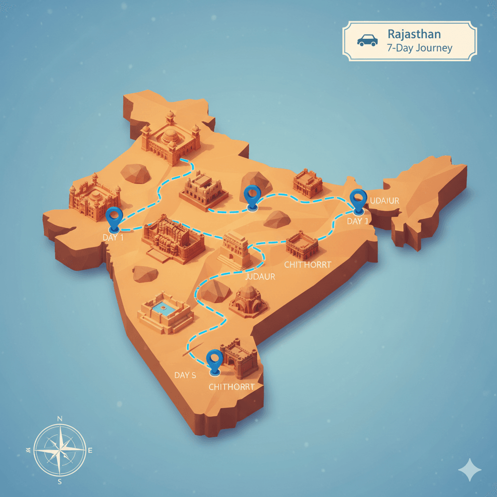 AI-generated stylized 3D map of Rajasthan highlighting the 7-day loop from Jaipur to Udaipur.