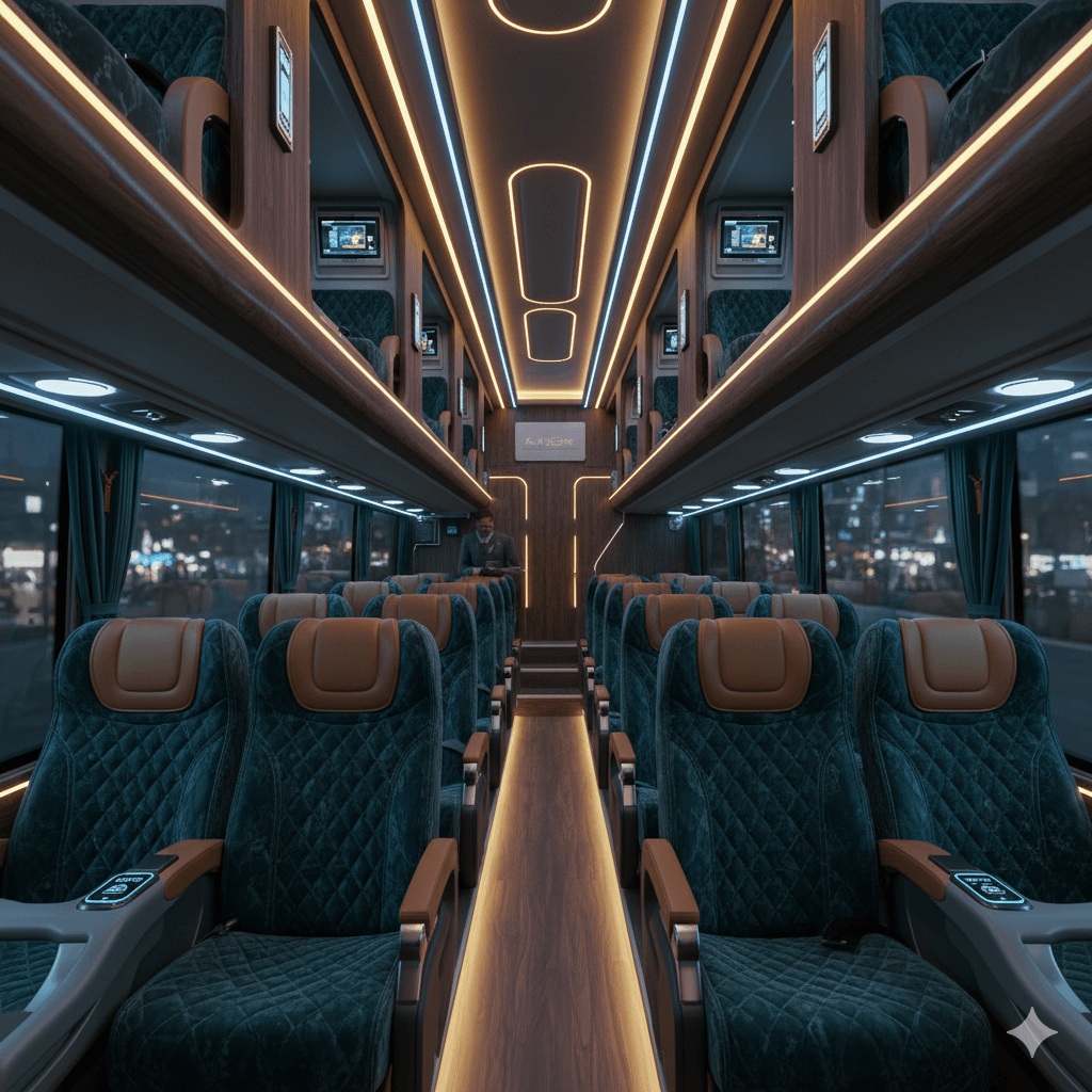 AI-generated interior of a premium AC sleeper bus with plush seats, ambient lighting, and high-tech amenities.