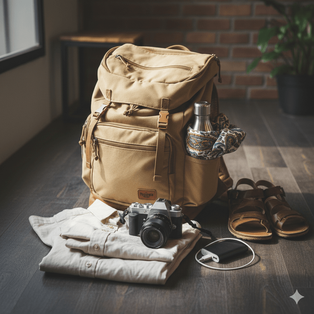 AI generated image: A well-organized backpack with travel essentials for a 7-day budget trip to find the best thali in Jaipur