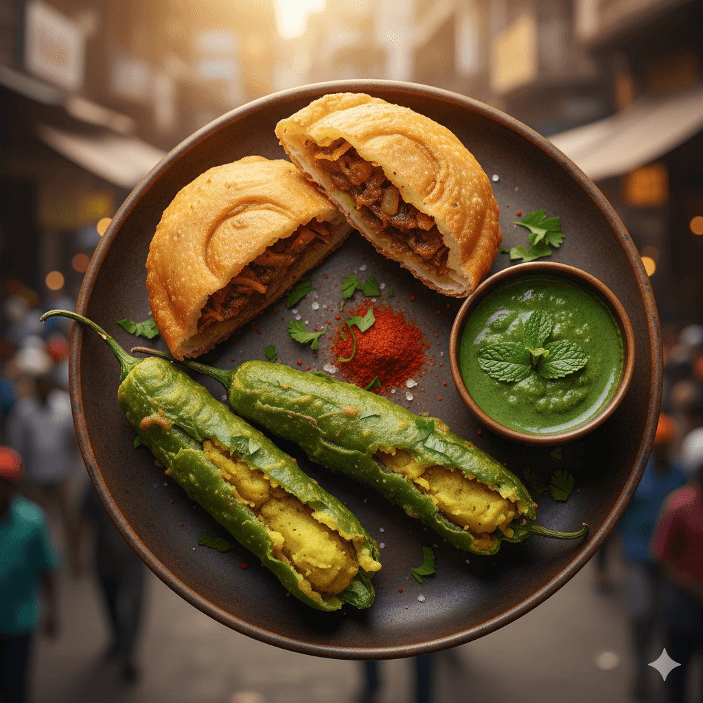 AI generated image of traditional Rajasthani street food like Kachori and Mirchi Bada. Rajasthan budget itinerary