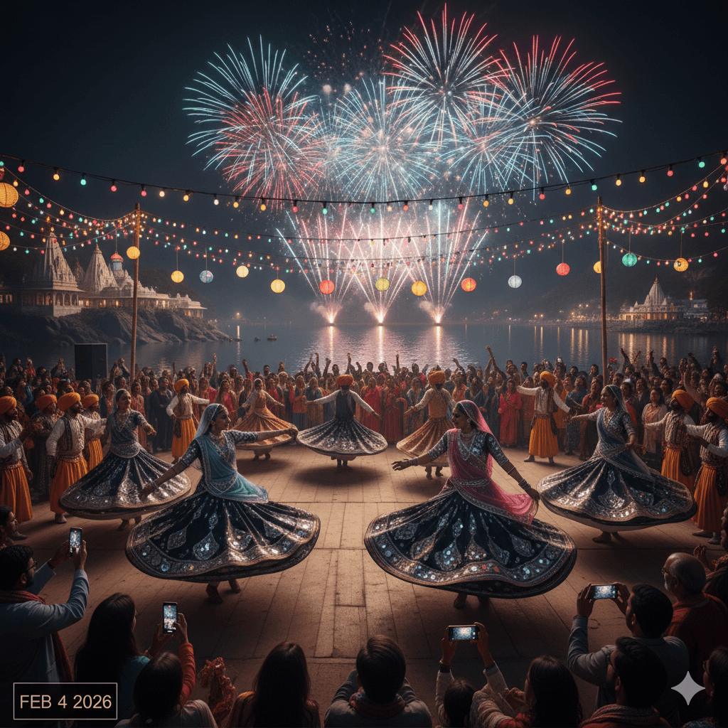 AI-generated vibrant scene of Rajasthani folk dancers performing during the Mount Abu Summer Festival.