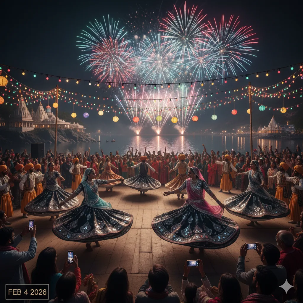 AI-generated vibrant scene of Rajasthani folk dancers performing during the Mount Abu Summer Festival.