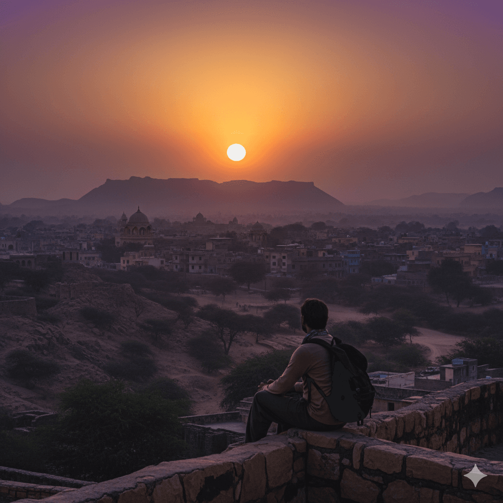 AI generated image: A traveler silhouetted against a golden sunset over Jaipur, concluding the search for the best thali in Jaipur.