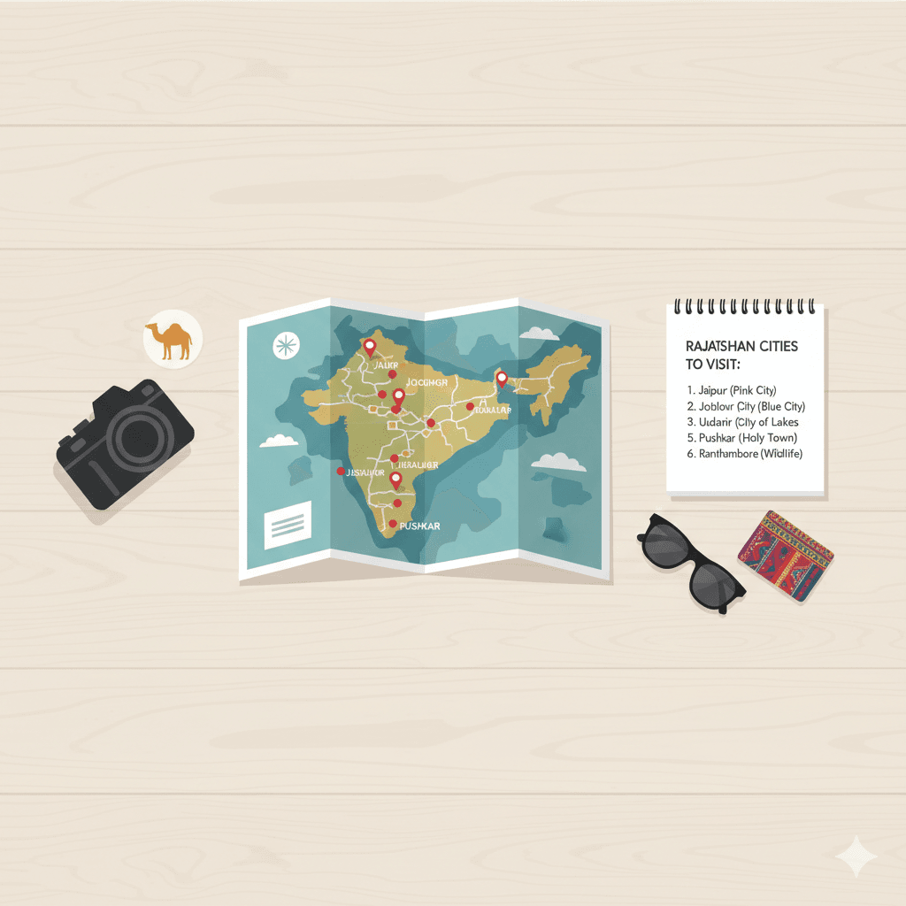 AI generated flat-lay image of travel essentials and a map, representing a checklist of things to do.