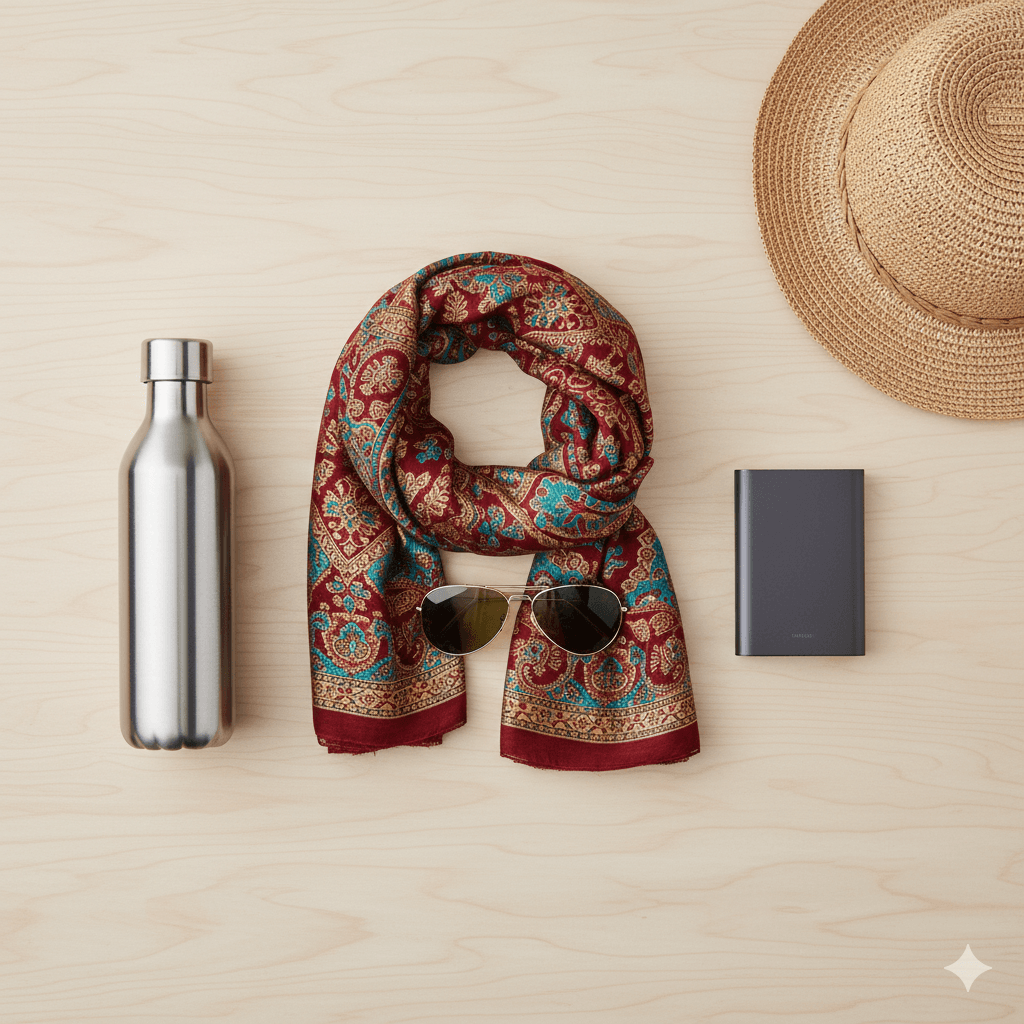 AI generated image of essential packing items for a budget-friendly trip to Rajasthan.
