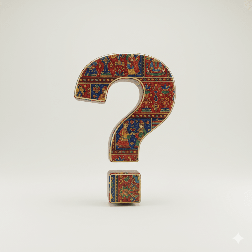 AI generated artistic illustration of a question mark with Rajasthani motifs for a travel FAQ section.