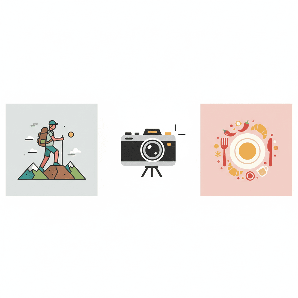 AI generated collage showing different interest groups enjoying activities, from hiking to photography.