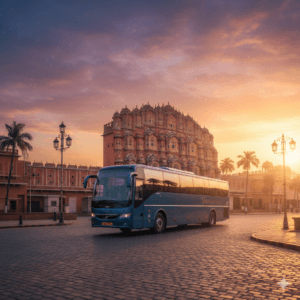AI-generated cinematic shot of a luxury Volvo bus driving past the Hawa Mahal at sunrise, vibrant colors.