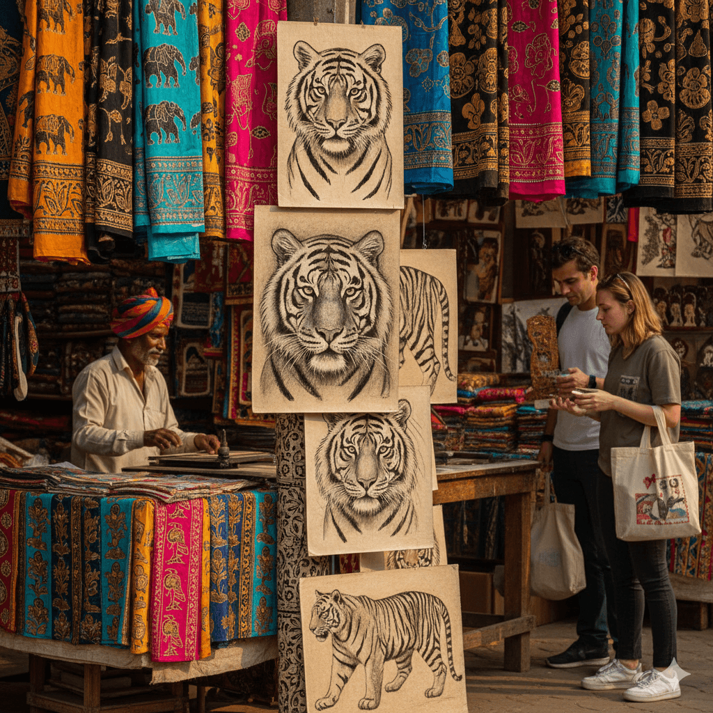 Traditional Rajasthani block print fabrics and charcoal tiger art, AI generated image.