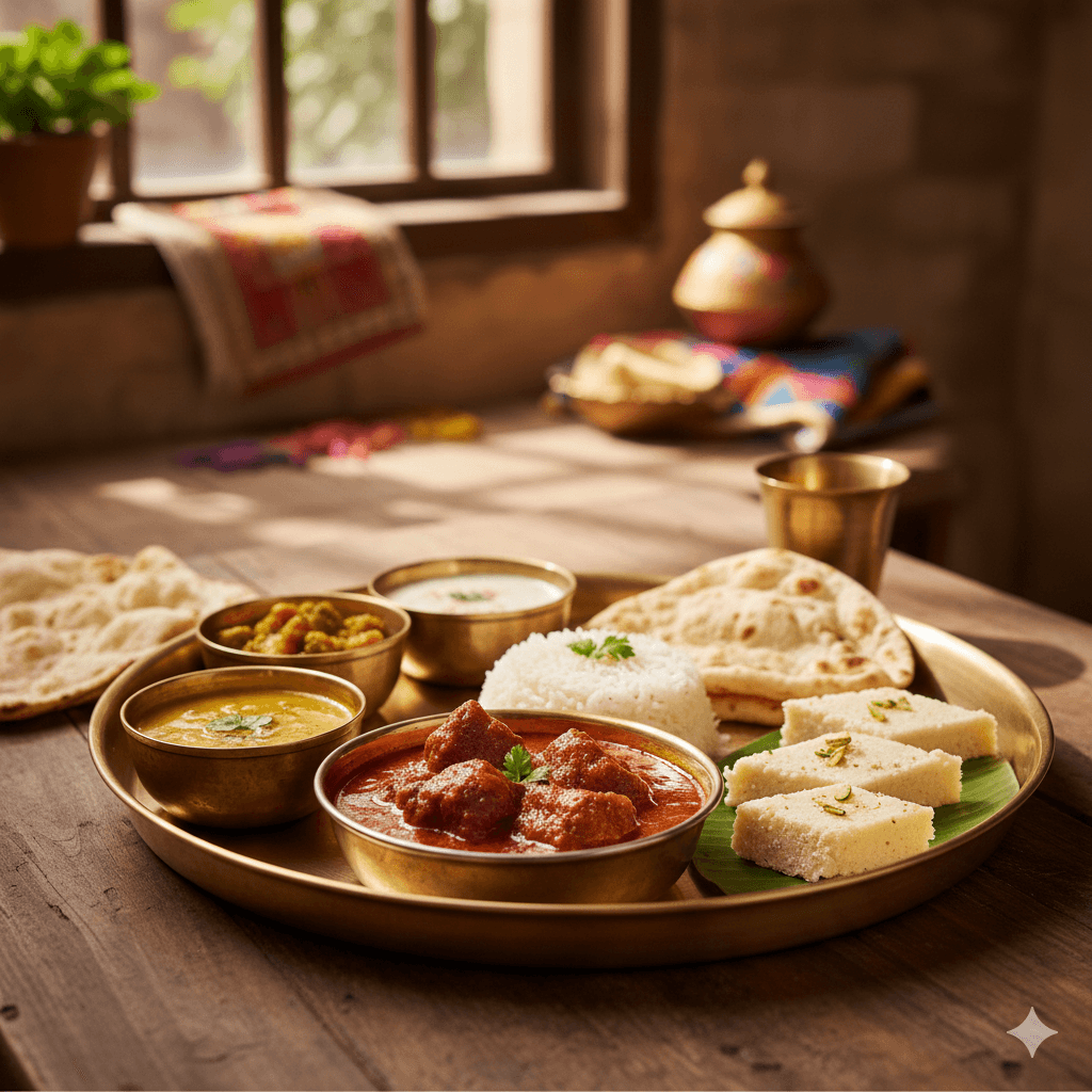 Traditional Rajasthani Laal Maas curry and Alwar Kalakand dessert, AI generated image. Ranthambore vs Sariska tiger safari