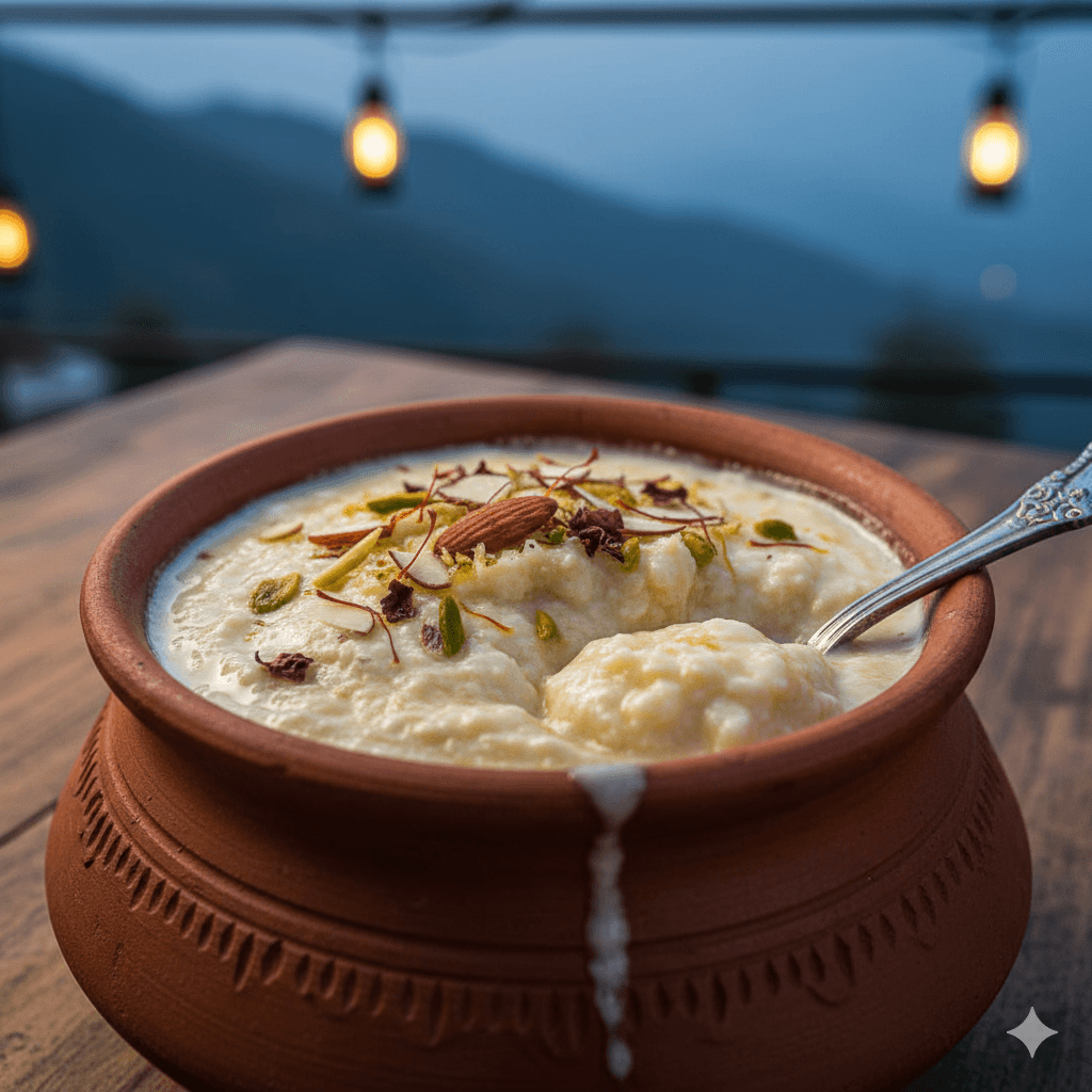 AI-generated close-up of traditional Rajasthani Rabri served in a clay pot at Guru Shikhar.