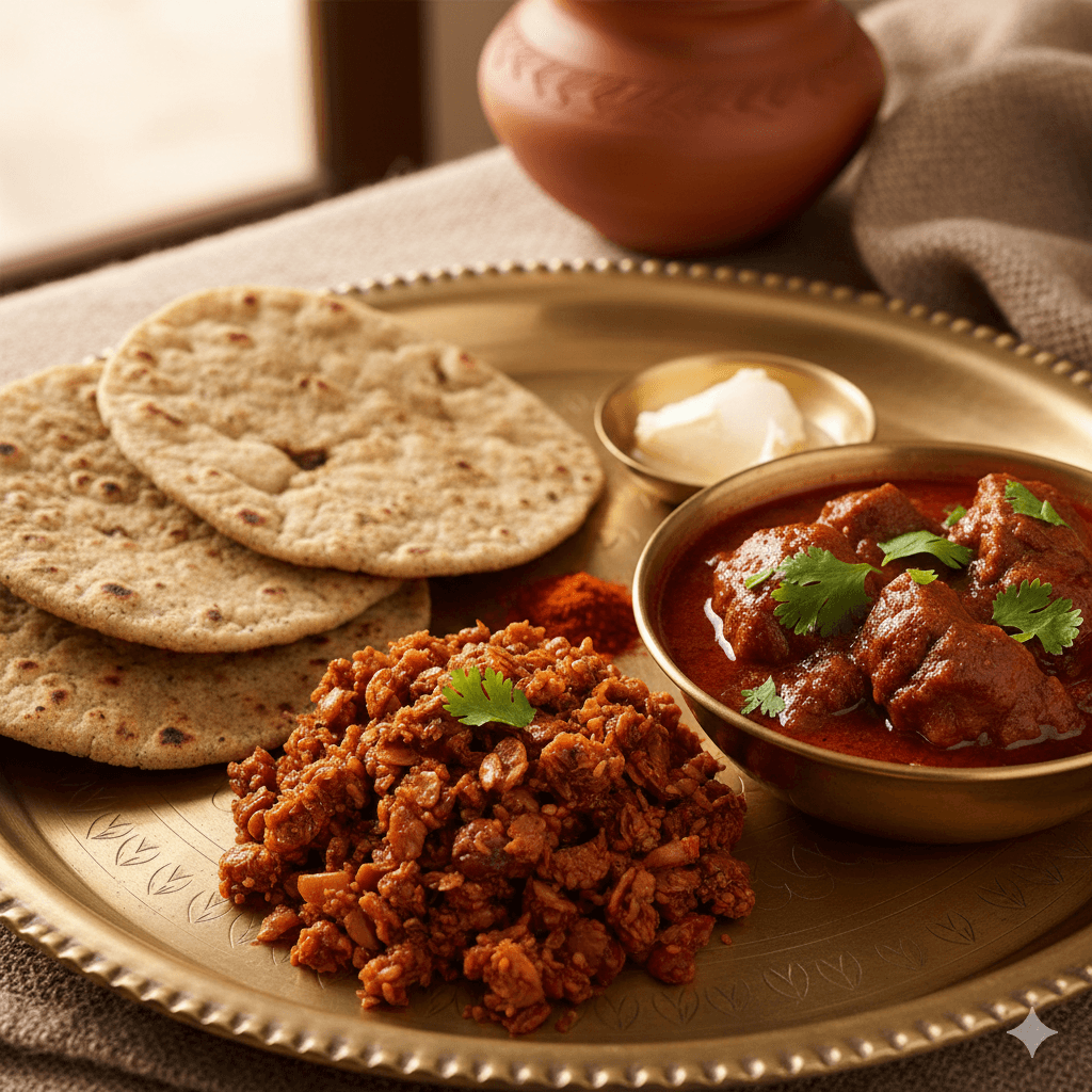 AI-generated image: A traditional Rajasthani Thali featuring Ker Sangri and local desert delicacies.