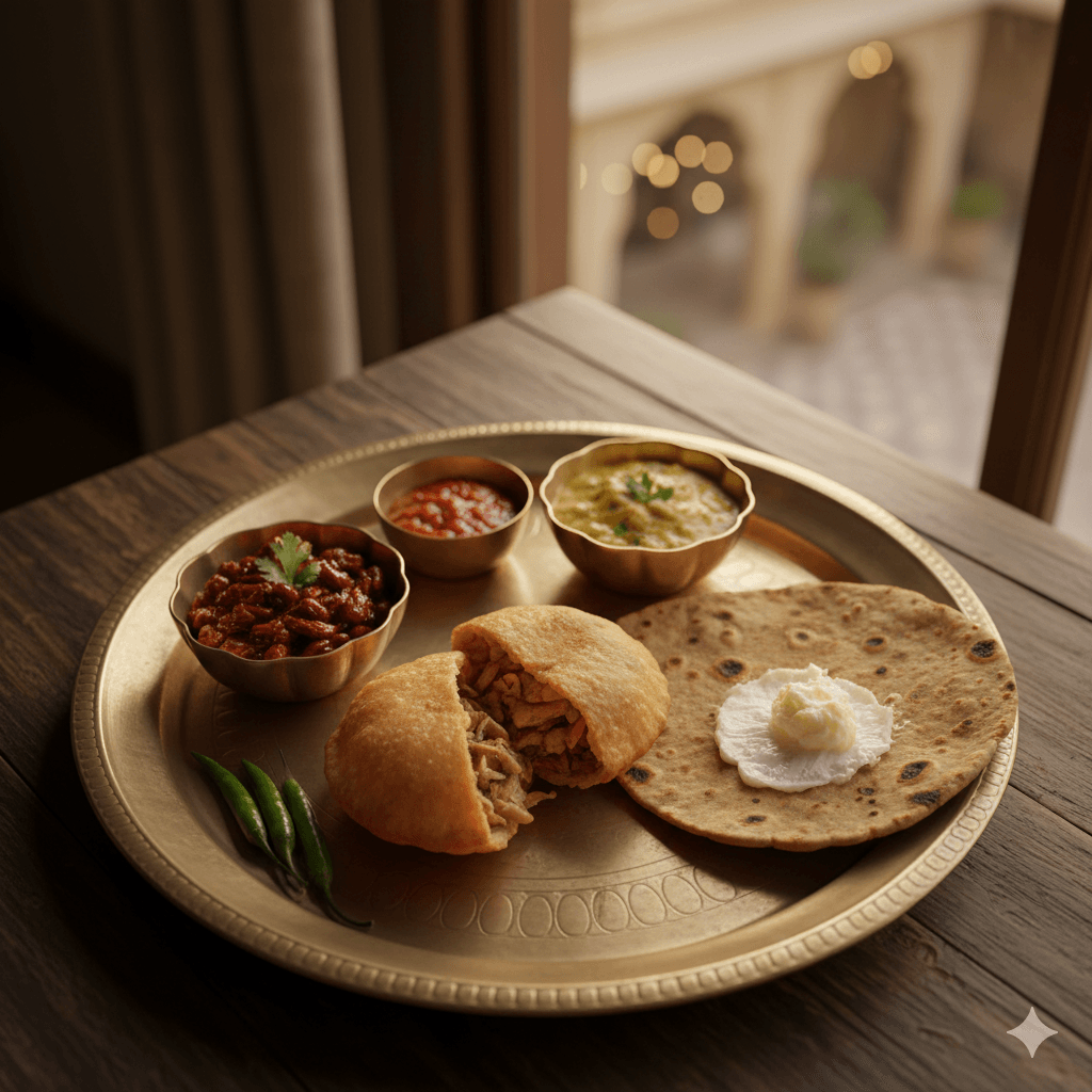 AI generated image of authentic Rajasthani food including Ker Sangri and Pyaaz Kachori in Shekhawati. Shekhawati Travel Guide