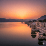 AI generated image of Rajsamand Lake at sunset featuring white marble pavilions and calm water.
