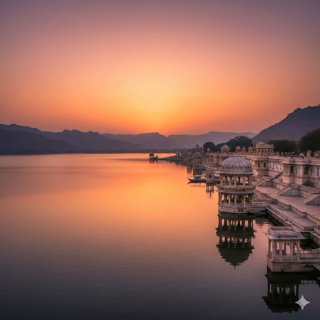 AI generated image of Rajsamand Lake at sunset featuring white marble pavilions and calm water.