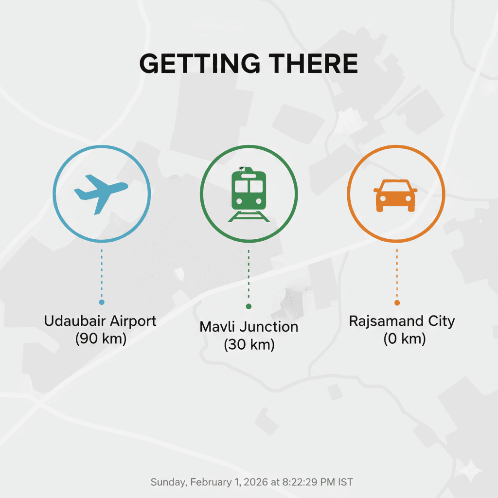 AI generated graphic showing travel logistics and transportation options for Rajsamand 2026. Places to visit in Rajsamand