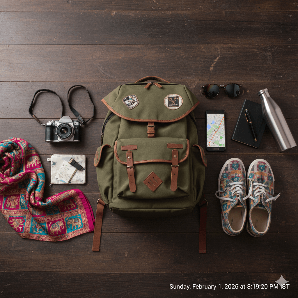 AI generated flatlay of travel packing essentials for a trip to the Marble City of Rajsamand. Places to visit in Rajsamand