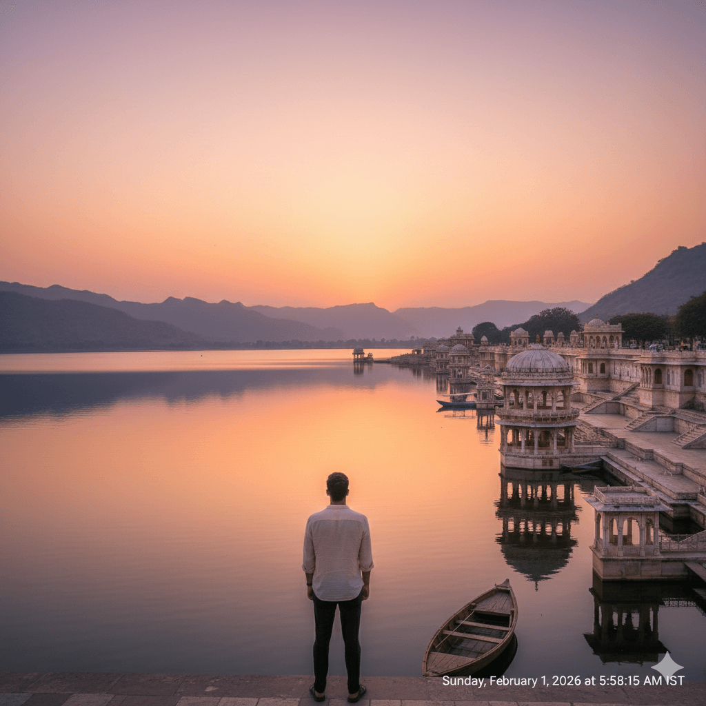 AI generated image of a traveler reflecting by the quiet shores of Rajsamand Lake at sunrise.