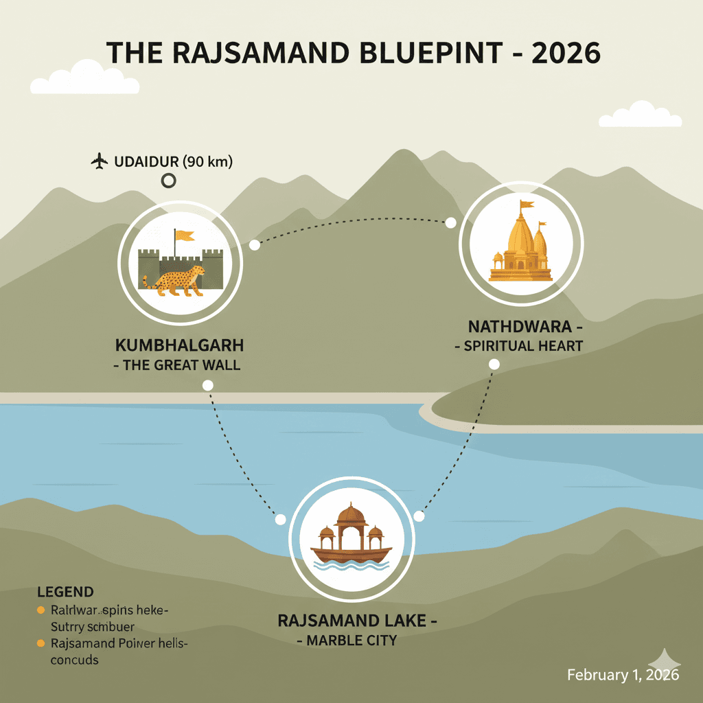 AI generated infographic showing the top places to visit in Rajsamand for a 2026 travel itinerary. Places to visit in Rajsamand