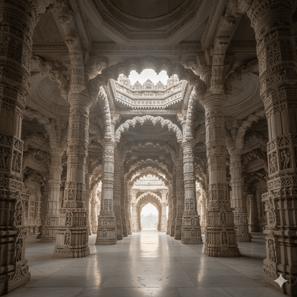 AI generated image of the Ranakpur Jain Temple interior featuring intricate white marble pillars and sunlight.