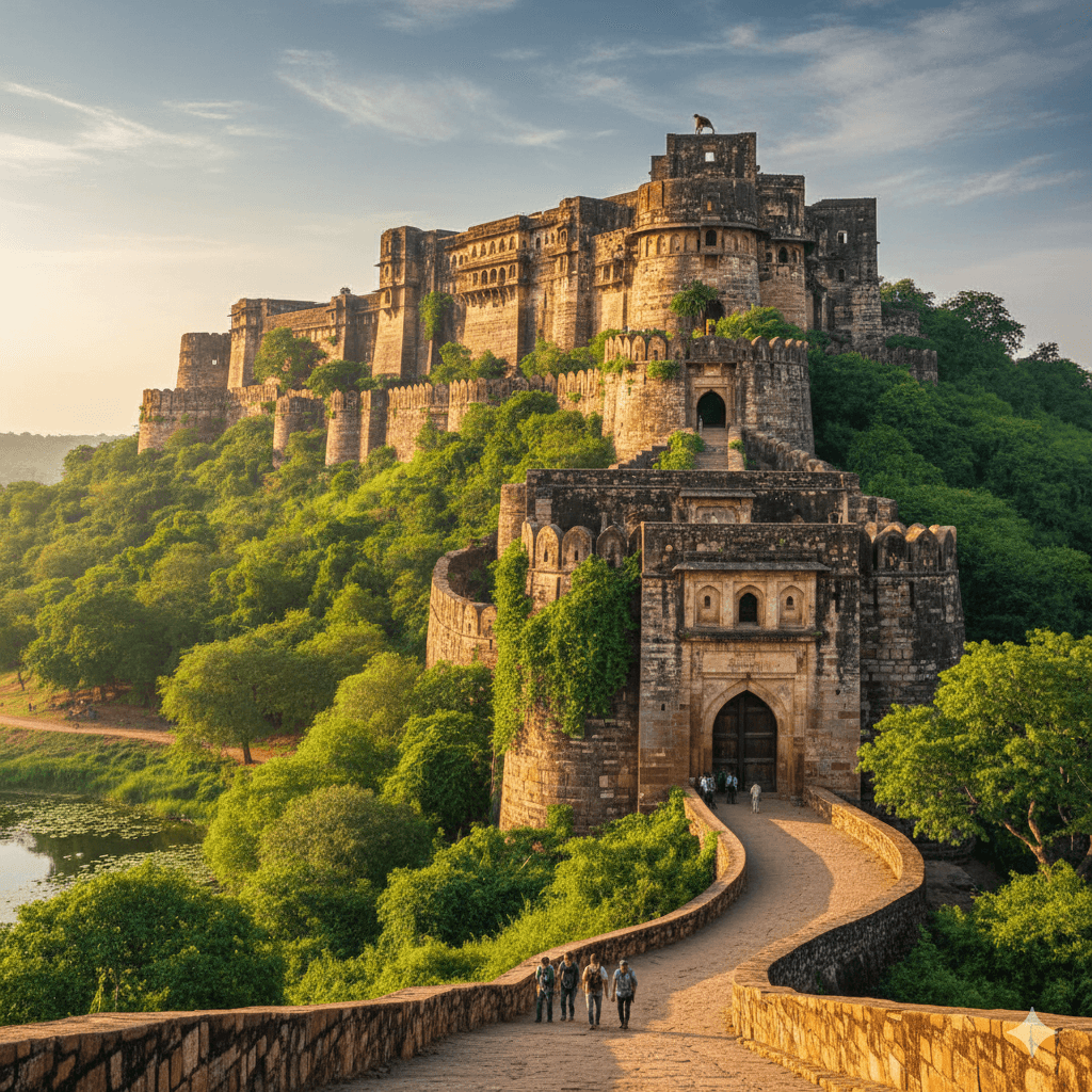Ancient Ranthambore Fort ruins surrounded by jungle greenery, AI generated image. Ranthambore vs Sariska tiger safari