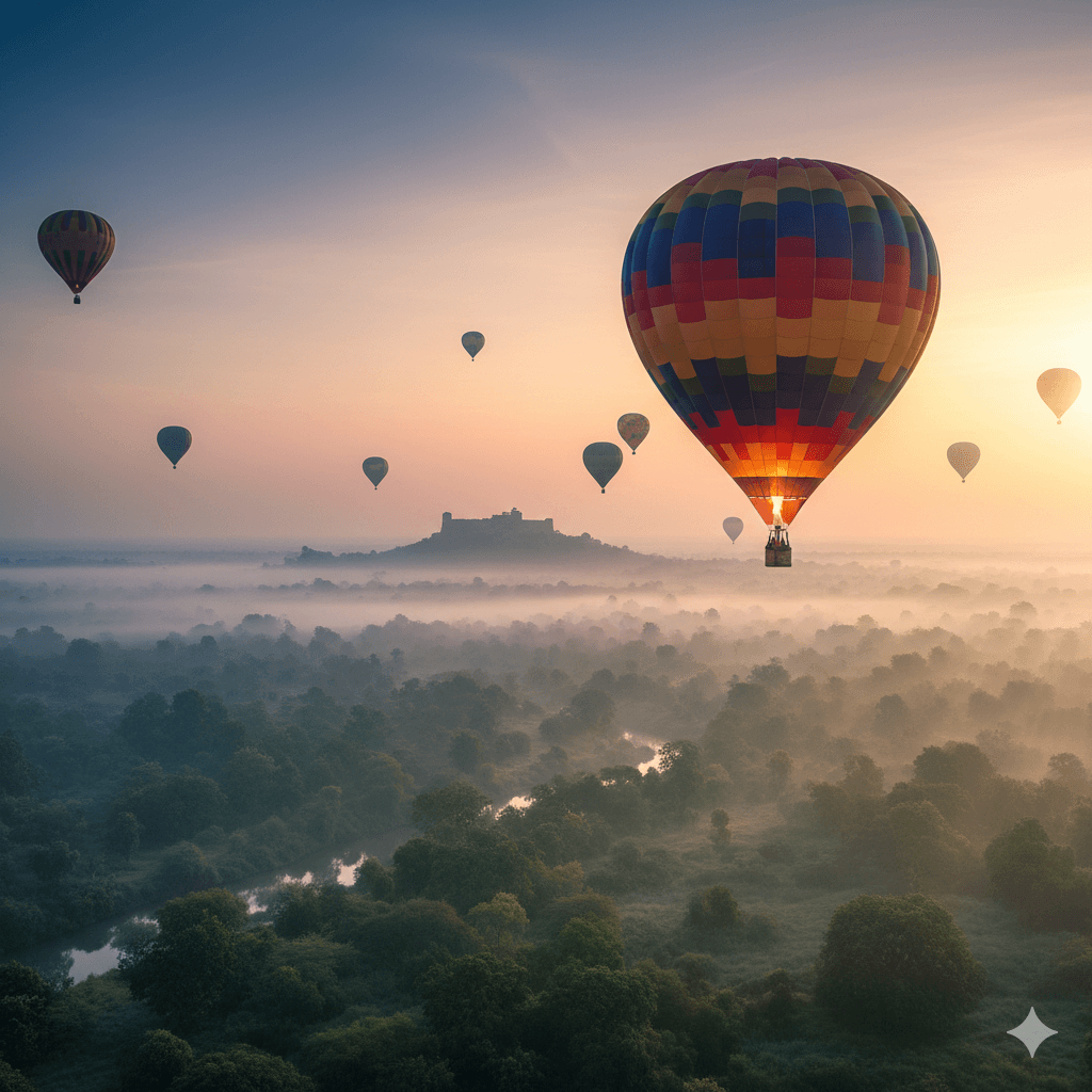 Hot air balloon soaring over Ranthambore National Park at sunrise, AI generated image. Ranthambore vs Sariska tiger safari