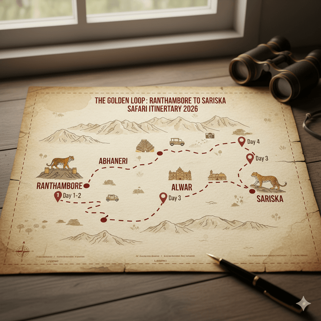 Map of Rajasthan wildlife circuit from Ranthambore to Sariska, AI generated image.