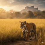 Majestic Royal Bengal Tiger in Ranthambore jungle landscape, AI generated image.
