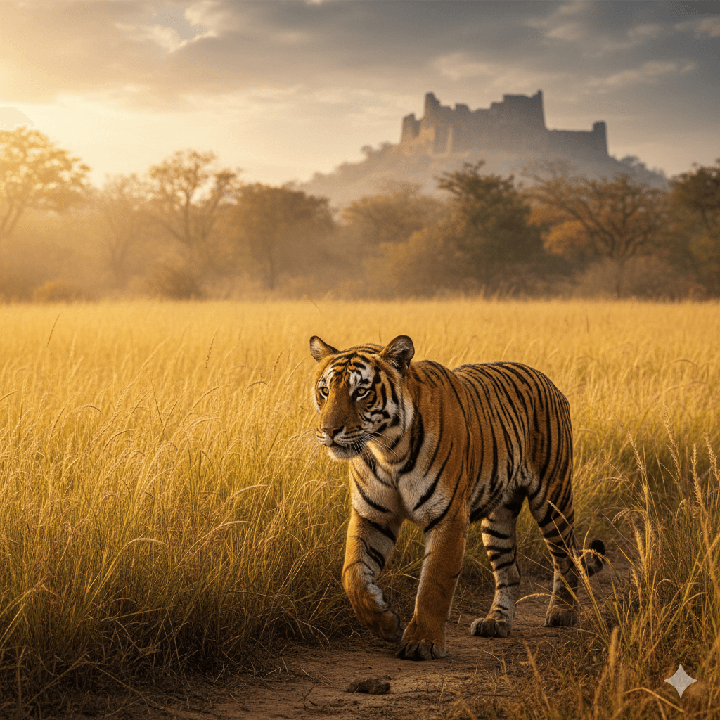 Majestic Royal Bengal Tiger in Ranthambore jungle landscape, AI generated image.
