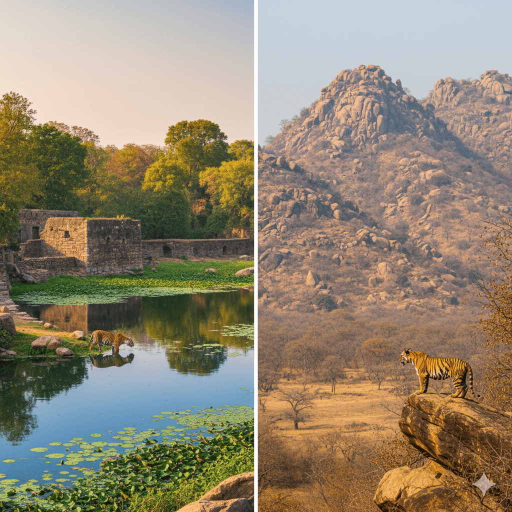 Side-by-side comparison of Ranthambore lakes and Sariska Aravalli hills, AI generated image. Ranthambore vs Sariska tiger safari