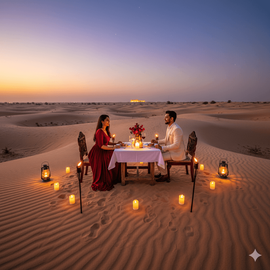 AI-generated image: A romantic private dinner setup on the dunes of the Thar Desert for couples. dune bashing in Jaisalmer
