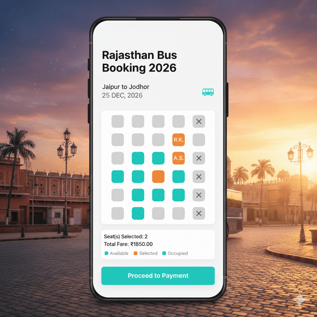 AI-generated clean UI/UX mock-up of a mobile app showing Rajasthan Bus Booking 2026 seat selection screen.
