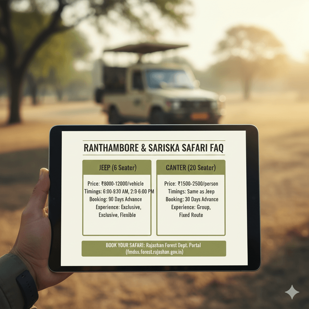 Infographic of safari booking prices and timings for Ranthambore vs Sariska, AI generated image. Ranthambore vs Sariska tiger safari