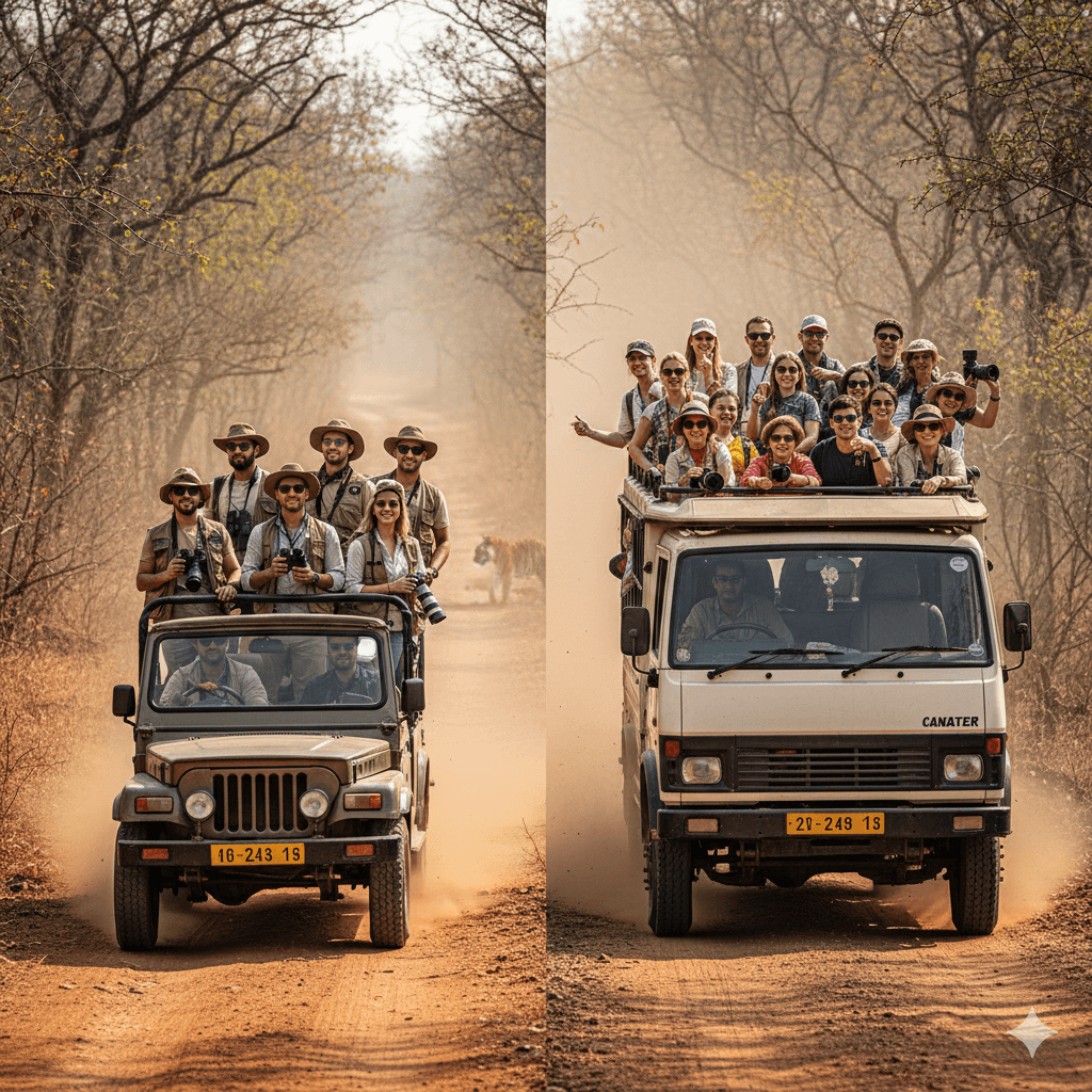 Comparison of safari jeep and canter in Indian jungle wildlife photography, AI generated image.