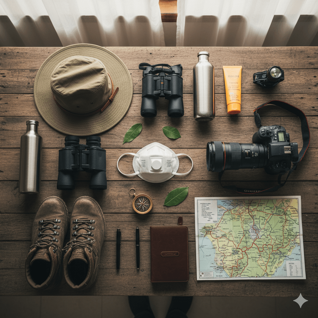 Essential safari packing gear including binoculars, camera, hat, and boots, AI generated image. Ranthambore vs Sariska tiger safari